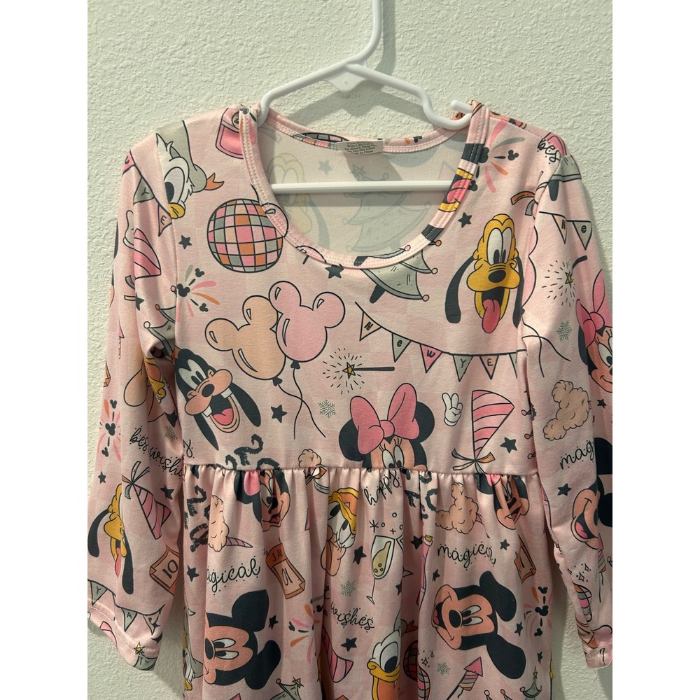 Disney Mickey Minnie Pluto New Years Eve Pink Long Sleeve Dress Toddler Girls 4T - Picture 2 of 6